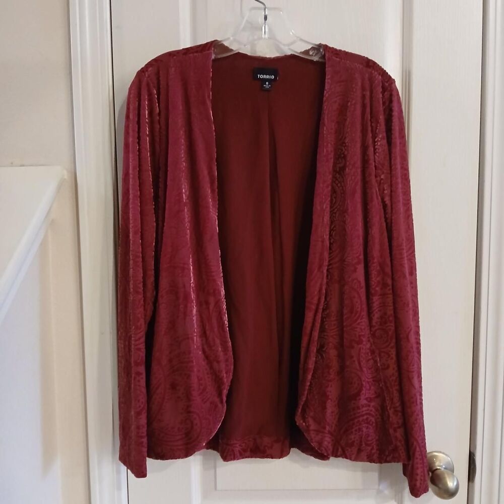 Romantic Torrid Burnout Velvet Open Blazer Cardigan Red Whimsygoth Boho Fairy - Picture 4 of 7